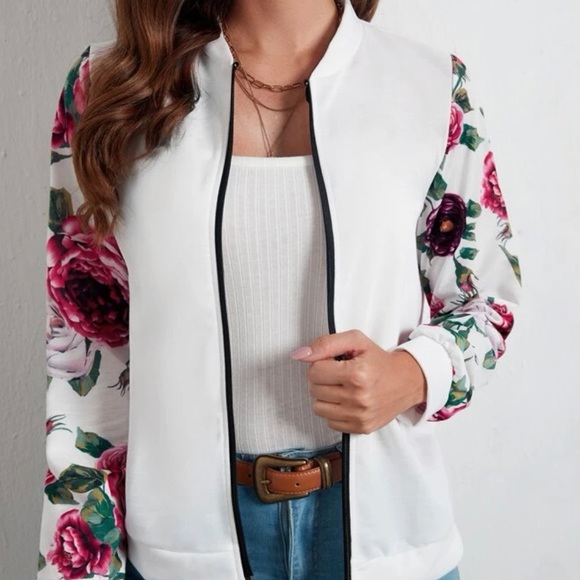Casual Floral Print Zip-up Bomber Jacket - Picture 5 of 8